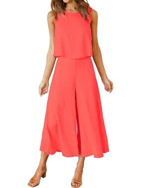 Women's Summer 2 Piece Bright Orange Round Neck Cropped Wide Leg Jumpsuit